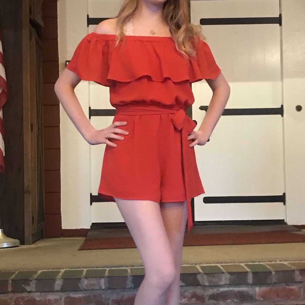 Red off-the-shoulder romper
